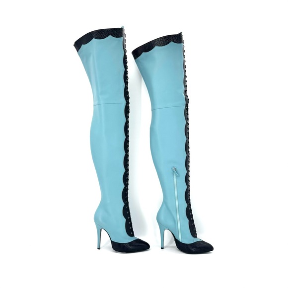 Gucci Harriet Thigh High Snake Emboss Dusty Azure Pointed Toe Heeled Boots 38 - Picture 5 of 11
